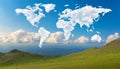 World map made of white fluffy clouds against a blue sky on a warm summer morning. Royalty Free Stock Photo