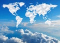 World map made of white fluffy clouds against a blue sky on a warm summer morning. Royalty Free Stock Photo