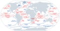 World map of major ocean currents, warm currents in red, cold currents in blue.