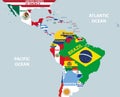 Vector part of world map with region of Latin American countries mixed with their national flags Royalty Free Stock Photo