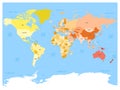 World map with names of sovereign countries and larger dependent territories. Simplified multicolored vector map on blue