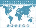 World Map and navigation icons with globes Royalty Free Stock Photo