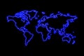 World map neon sign. Bright glowing symbol on a black background