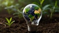 The world map with network connection is on a light bulb that located on the soil and plants grow on stacked coins. Concept of Royalty Free Stock Photo