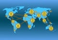 World map with world network and crypto currency bitcoin Royalty Free Stock Photo
