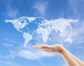World map and network sketch with hold hand to sky background Royalty Free Stock Photo