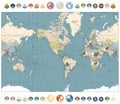 World Map old colors illustration with round flat icons and glob Royalty Free Stock Photo