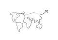 World map one line drawing isolated vector. Continuous line world map with plane. Travel concept one line illustration. Line art. Royalty Free Stock Photo