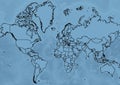 The World map with the outline in black and the ocean in blue