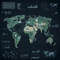 World map overlaid with interconnected data points and charts. Icons representing
