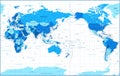 World Map - Pacific China Asia Centered View - Blue Color Political - Vector Layered Detailed Illustration