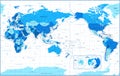 World Map - Pacific China Asia Centered View - The Poles - Blue Color Political - Vector Layered Detailed Illustration Royalty Free Stock Photo