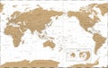 World Map - Pacific China Asia Centered View - The Poles -Vintage Golden Political - Vector Detailed Illustration