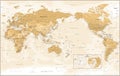 World Map - Pacific China Asia Centered View - The Poles - Vintage Golden Political - Vector Detailed Illustration