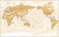 World Map - Pacific China Asia Centered View - Vintage Golden Political - Vector Detailed Illustration
