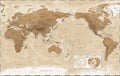 World Map - Pacific China Asia View - The Poles - Vintage Physical Topographic - Vector Detailed Illustration Royalty Free Stock Photo