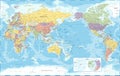 World Map - Pacific View - Asia China Center - The Poles - Political Topographic - Vector Detailed Illustration Royalty Free Stock Photo