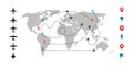 World map and plane. Airplane dashed route line and various map pins. Aircraft silhouette icons and destination tracks