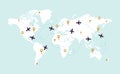 World map plane tracks. Aviation track path on world map, airplane route line and travel routes vector illustration Royalty Free Stock Photo
