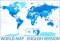 World Map and Poles - Political - Blue and White Color - Vector Detailed Illustration Royalty Free Stock Photo