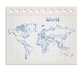 World map on a realistic squared sheet of paper torn from a block