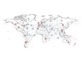 World map with red pins isolated on white background Royalty Free Stock Photo