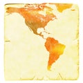 World map in red and yellow tones. USA and Latin America. Ancient paper background. Basic world map courtesy NASA. Royalty Free Stock Photo