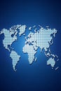Vertical World Map Composed of Light Blue Pixels on a Dark Blue Dot Patterned Background Royalty Free Stock Photo