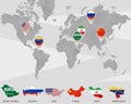 World map with Saudi Arabia, Russia, USA, China, Iran, Venezuela pointers