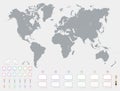 World map with set of blank colorful pointers and markers vector. Grey Political World Map Illustration. Royalty Free Stock Photo