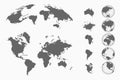 World map set. Earth globes from different sides, maps of continents and 3d map. Vector Royalty Free Stock Photo