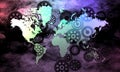 World map on shaded background with technology cogs texture.