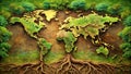 A world map shaped tree of life with lush foliage and deep roots. Generative AI Royalty Free Stock Photo