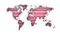 Silhouette of World map with purple stripes over white background