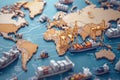 World Map With Ships and Cranes - Vessels and Equipment for Global Trade and Shipping Industry, A diagrammatic depiction of global