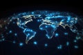 A world map showcasing an arrangement of lights across continents and countries, Global network connection on a world map hologram Royalty Free Stock Photo