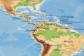 world map of south american countries and colombia, venezuela, ecuador, panama in close up focus