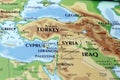 world map of south west asia countries with close up focus in turkey, syria and iraq