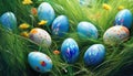 World map and splattered paint patterned Easter eggs nestled in lush green grass.