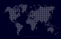 World map with square dot. White dotted squares world map isolated on blue background. Pixels silhouette worldmap. Simple flat