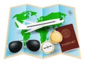 World map with sunglasses compass passport plane