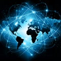 World map on a technological background, glowing lines symbols of the Internet, radio, television, mobile and satellite