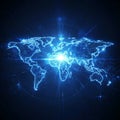 World map on a technological background, symbols of the Internet, radio, mobile and satellite communications.