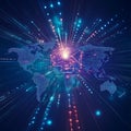 World map on a technological background, symbols of the Internet, radio, mobile and satellite communications.