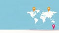 World map with three location pins and dotted lines connecting them