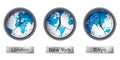 World map time zone clocks