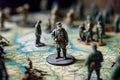 world map with toy soldiers for military strategy and planning of war attacking and defensive actions. Generative AI