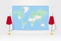 World Map between two hanging flags of Japan flag stand