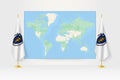 World Map between two hanging flags of Massachusetts flag stand Royalty Free Stock Photo