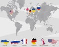 World map with Ukraine, Russia, France, Germany, United Kingdom, USA pointers